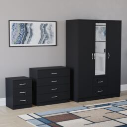 Vida Designs Riano 3 Piece Bedroom Set (3 Drawer Bedside Chest, 4 Drawer Chest, 3 Door 2 Drawer Mirrored Wardrobe) - Black