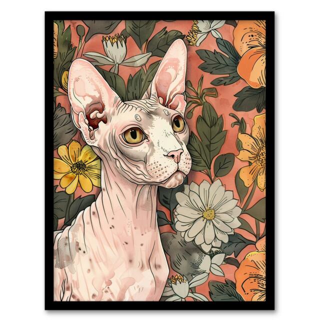 Sphynx Cat Lover in Flower Garden Pet Portrait Black Framed Wall Art Print A4