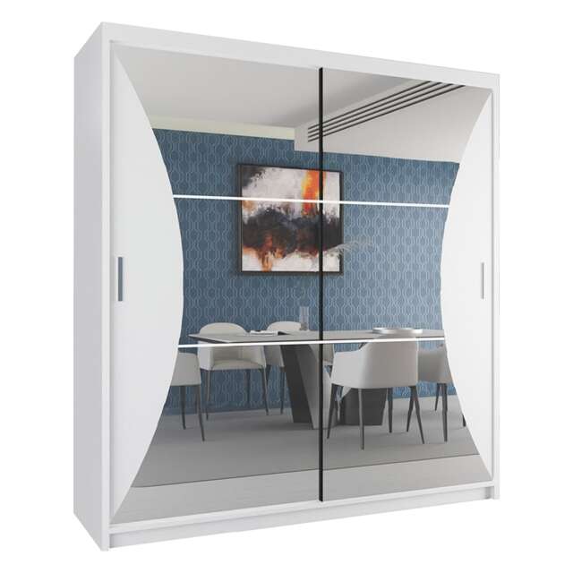 Sliding Wardrobes 4U Sleek Curved Mirror Sliding Wardrobe with Soft Silver Handles – 150cm & 203cm, White, Black, Grey White 150cm
