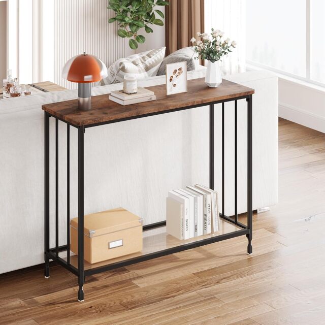 London Boutique 2-Tier Console Table with Ribbed Glass Shelf Narrow Sofa Side Table (W)86cm (D)30cm (H)80cm - Brown