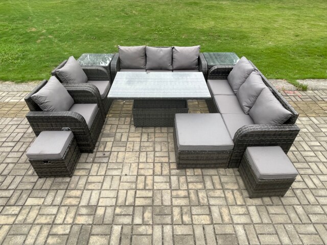 Fimous 11 Seater Rattan Outdoor Garden Furniture Sets Height Adjustable Rising lifting DiningTable Sofa Set with Reclining Chair 2 Side Tables 3 Footstools Dark Grey Mixed