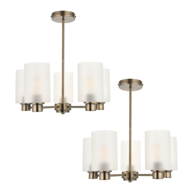 Set of 2 Panton - Antique Brass 5 Arm Ceiling Lights with Glass Shades