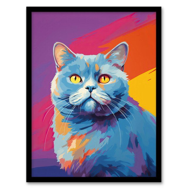 British Shorthair Cat Lover Gift Fun Bold Colourful Black Framed Wall Art Print A4