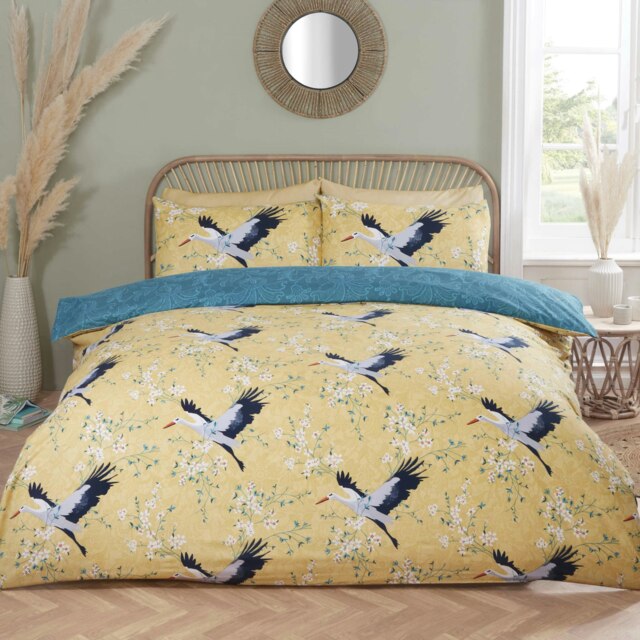 Cranes Floral Polyester Reversible Duvet Cover Set with Pillowcase Yellow Single 1
