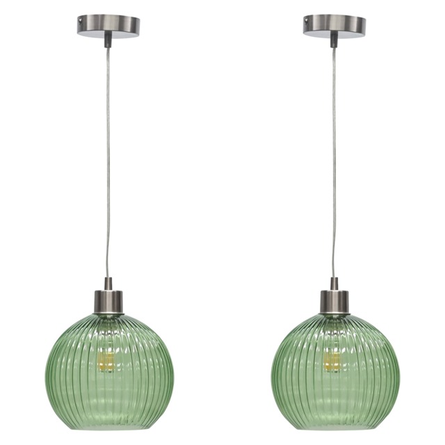 Set of 2 Betchley - Green Ribbed Glass Globe with Satin Nickel Pendant Green Clear green glass with satin nickel plate detail Small 2