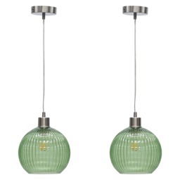 Set of 2 Betchley - Green Ribbed Glass Globe with Satin Nickel Pendant Green Clear green glass with satin nickel plate detail Small 2