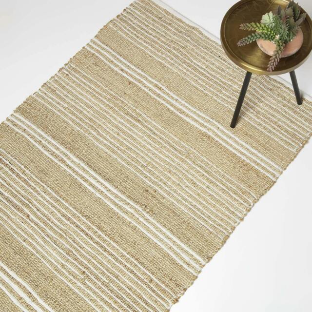 Homescapes Arlyn Natural Striped Handwoven Jute Rug - 120 x 170 cm Cream Natural, White