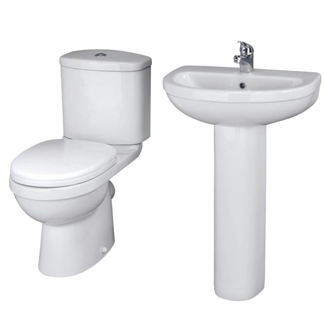 Vito Ceramic Bathroom Bundle - Toilet Pan with Cistern & Soft Close Seat, 550mm 1 Tap Hole Basin & Full Pedestal - Balterley
