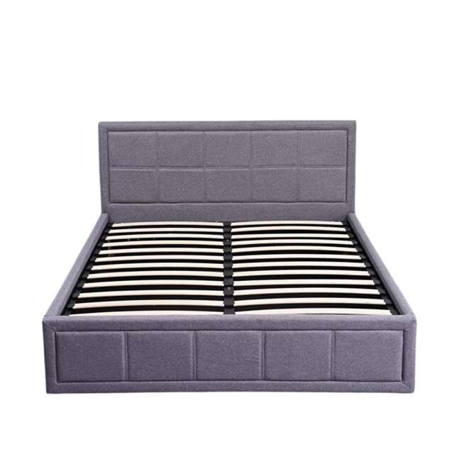 Ottoman Bed Gas Lift Storage Grey 3ft Single Line Pattern Velvet Pine Wood Bedroom