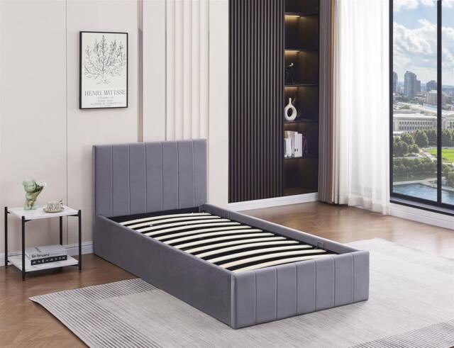 Ottoman Bed Gas Lift Storage Grey 3ft Single Line Pattern Velvet Pine Wood Bedroom