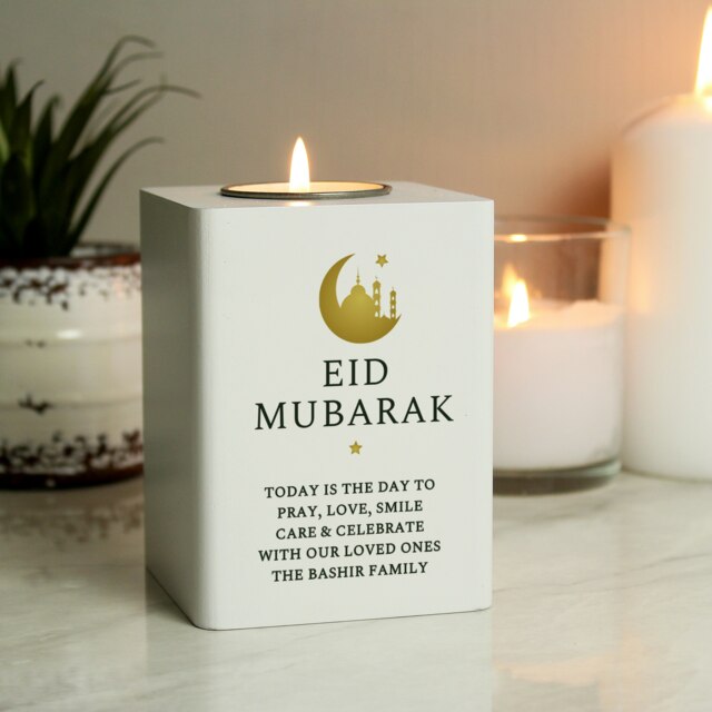 Personalised Eid and Ramadan White Wooden Tea light Holder White