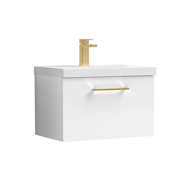 Balterley Wall Hung Bathroom 1 Drawer Vanity Unit and 1 Tap Hole Ceramic Basin, with Handle White Gloss White