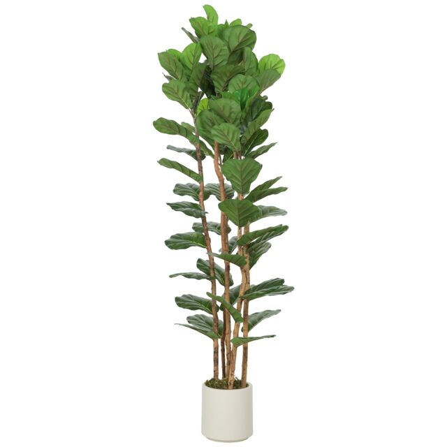 HOMCOM 180cm Artificial Fiddle Leaf Fig Tree with Solid Wood Trunks, Decorative Artificial Plant with 91 Leaves in Pot for Indoor Living Room Office Home Decor, Green Green Green 6ft