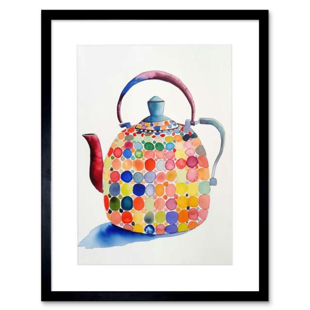 "Colourful Kitchen Teapot Tea Kettle Folk Art 9x7"" Black Framed Wall Art Print"