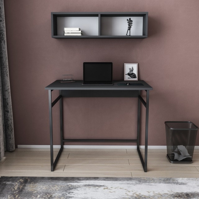 Decorotika Hussum Metal Frame Computer Desk with Wall Shelf - 90 cm W x 75 cm H x 60 cm D