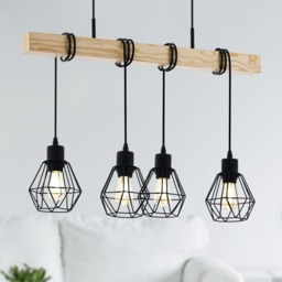 EGLO Townshend 5 Black/Natural Metal & Wood 4-Light Geometric Pendant - Industrial Style (L) 70cm