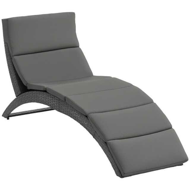 Outsunny Garden Rattan Sun Lounger Foldable Patio Chaise Chair Grey