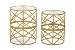 Interiors by Premier Set Of 2 Diamond Pattern Side Table, Round Bedside Table With Marble Top, Gold Metallic Nesting Table Gold
