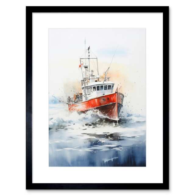 "Trawler Fishing Boat Watercolour Red Blue Rough Sea 9x7"" Black Framed Wall Art Print"