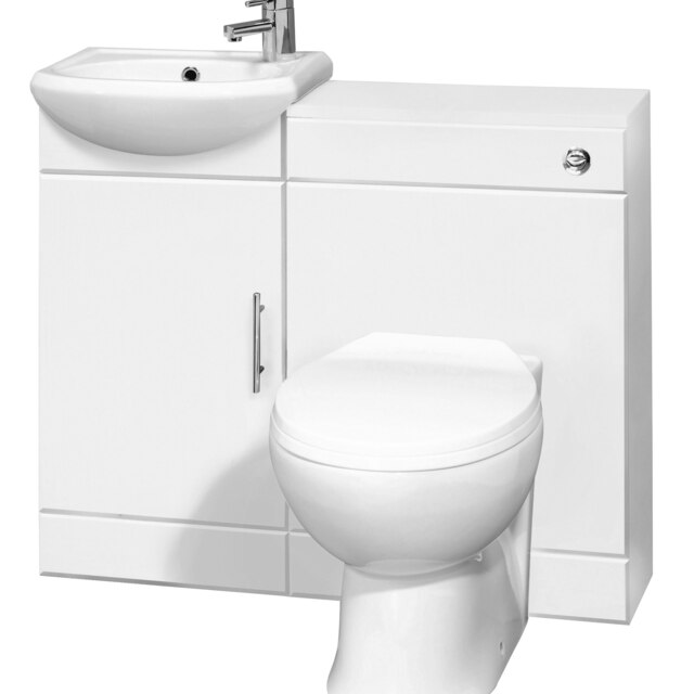 Cloakroom Furniture Pack - Includes Cabinet, Basin, WC Unit, Cistern, Back to Wall Toilet Pan and Soft Close Seat - Gloss White White
