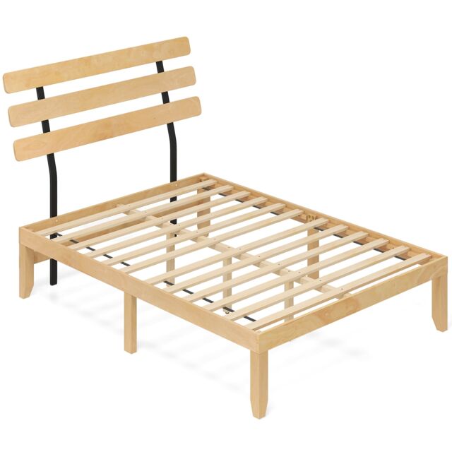 COSTWAY Double Solid Wood Platform Bed with Headboard Yellow