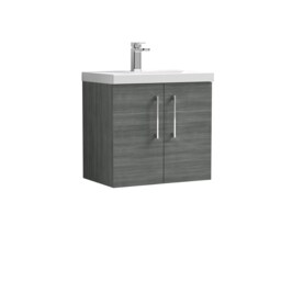 Balterley Contemporary Bathroom Wall Hung 2 Soft-Close Door Vanity Unit & Mid-Edge Ceramic Basin Grey Anthracite Woodgrain