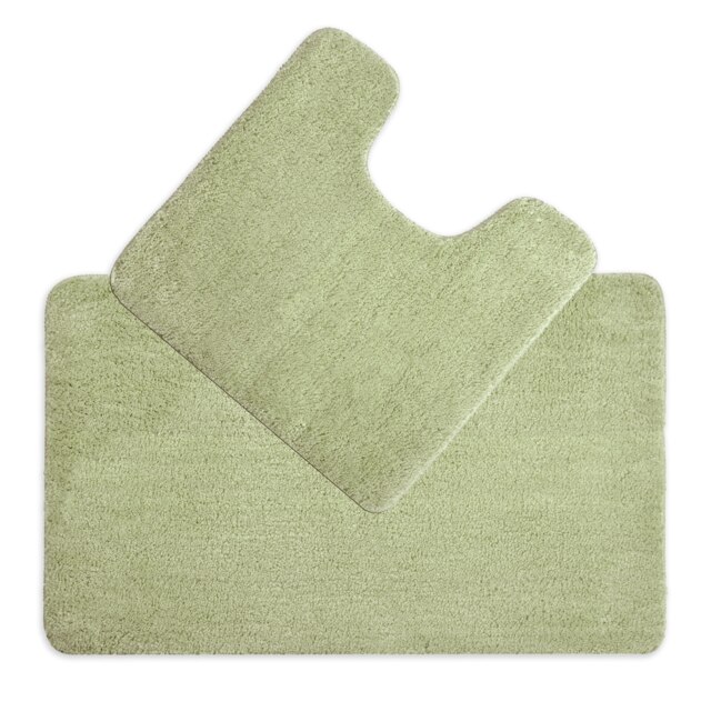 Luxury Microfibre Deep Pile Bath Mat and Pedestal Set - Non Slip Green Fern Green