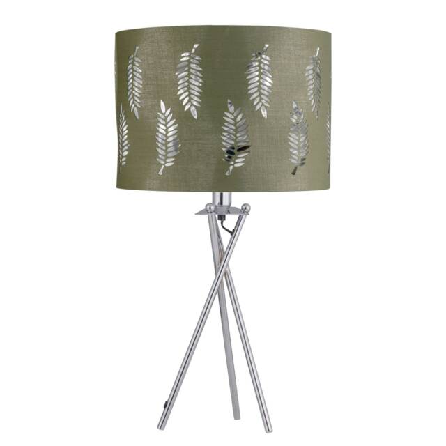 Chrome Tripod Table Lamp with Sage Green Fern Cut Out Shade Chrome Green Large 1