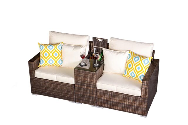 Havana 2 Seat Modular Sofa Rattan Garden Bistro Balcony Furniture Set Outdoor Drinks Cooler Table Brown Brown Two Seater