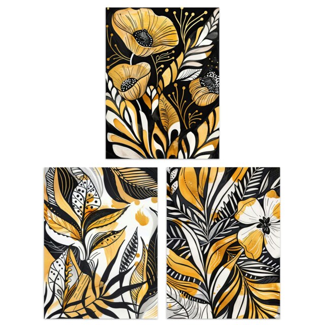 Set of 3 Elegant Gold Black Floral Botanical Living Room 12X16 Inch Wall Art Prints Pack