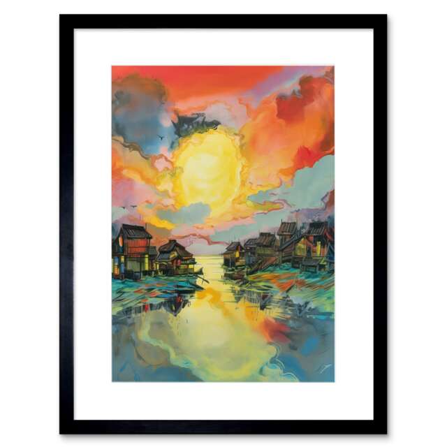 "Atmospheric Clouds Over Mono Lake Fishing Village at Dawn 9x7"" Black Framed Wall Art Print"