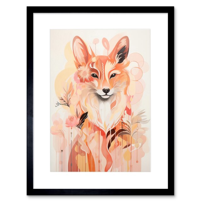 "Floral Fox Spirit Animal Boho Calm Pastel 9x7"" Black Framed Wall Art Print"