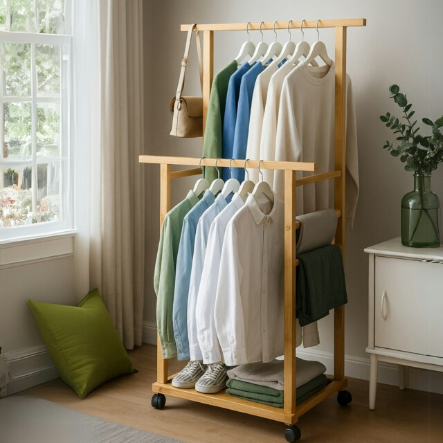 Portable Wooden Clothes Rack Open Wardrobe with Shoe Storage Brown One Size