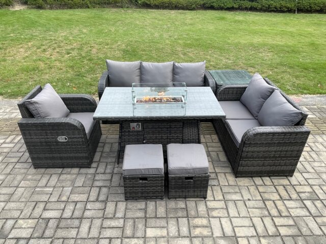Fimous Garden Patio Furniture Wicker Rattan Gas Fire Pit Table and Sofa Chair set with Side Table 2 Small Footstools