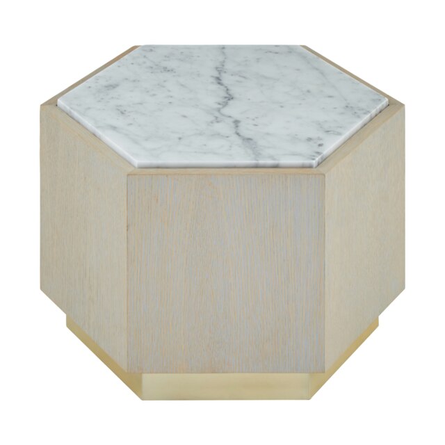Large White Side Table,Marble & Oak Constructed Bedside Table,Hexagonal Accent Table With Gold Finished Legs Cream