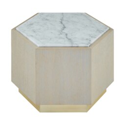Large White Side Table,Marble & Oak Constructed Bedside Table,Hexagonal Accent Table With Gold Finished Legs Cream