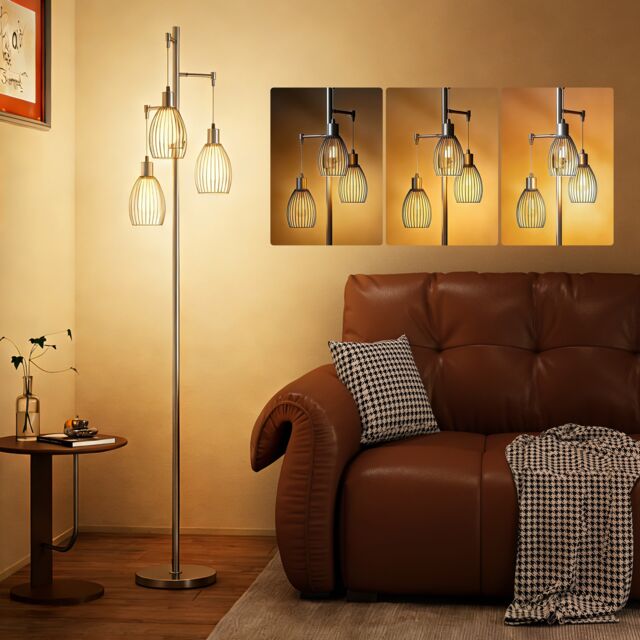 HOMCOM Industrial 3-Light Floor Lamp Dimmable Standing Lamp, Silver Tone