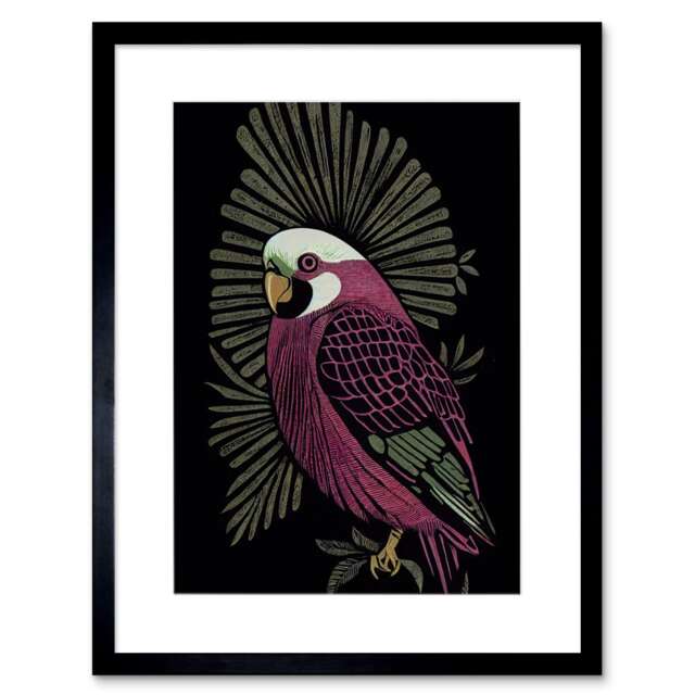 "Tropical Bird Jungle Deep Green Retro Vintage 9x7"" Black Framed Wall Art Print"