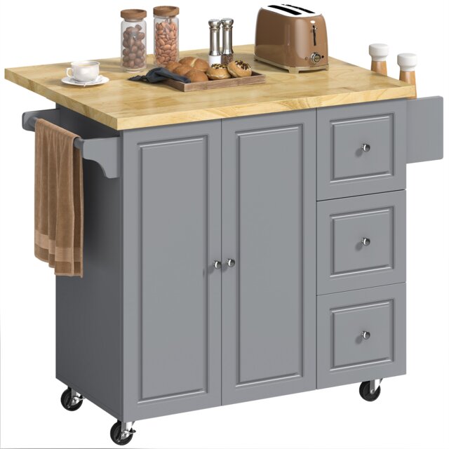 HOMCOM Kitchen Island on Wheels, Rolling Kitchen Storage Trolley with Drop Leaf, Rubber Wood Top, Drawers, Adjustable Shelf, Towel and Spice Rack for Dining Room, Grey
