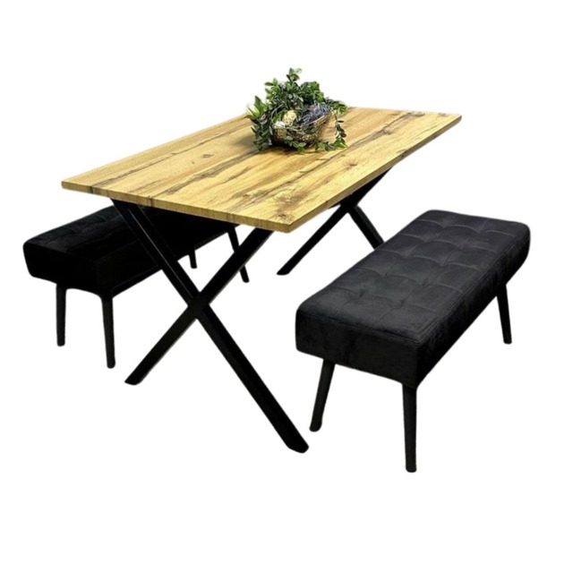 Wooden Brown Dining Table with 2 Black Velvet Padded Benches, Stylish Dining Room Furniture