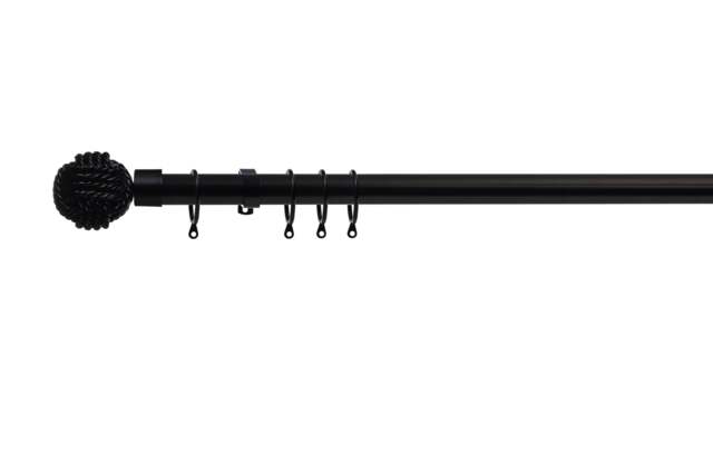 Lister Cartwright 28mm Obsidian Black Fixed Metal Curtain Pole Set Rings with Knotted Ball Finial Easy fit (200 cm)