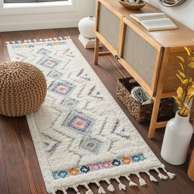 LIVABLISS Lofty-Shaggy Vintage Boho Plush Soft Pile Fringe Rug 80 x 220 cm Ivory Orange Blue