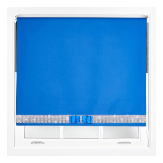 FURNISHED Blackout Roller Blinds with Diamante Trim and Bow Cut to Size Blue Blue (W) 60cm x (L) 165cm
