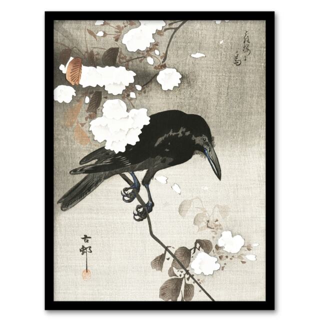 Ohara Koson Framed Wall Art Print Crow With Cherry Blossom Flowers Home Décor