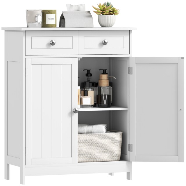 kleankin 75x60cm Freestanding Bathroom Storage Cabinet Unit w 2 Drawers Cupboard Adjustable Shelf Metal Handles Traditional Style White