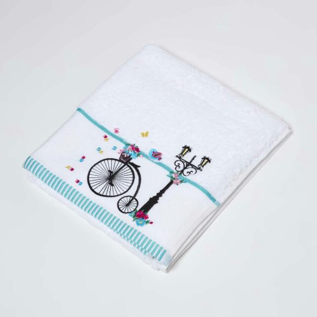 Homescapes Turkish Cotton Embroidered Bicycle White Hand Towel