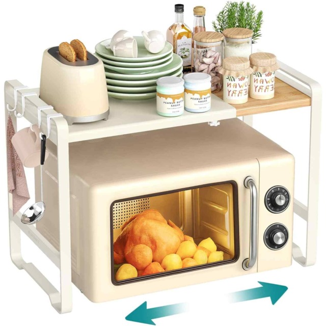Adjustable Microwave Shelf, Expandable Kitchen Storage Rack with 4 Hooks, Steel and Bamboo, Cream White and Light Bamboo