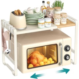 Adjustable Microwave Shelf, Expandable Kitchen Storage Rack with 4 Hooks, Steel and Bamboo, Cream White and Light Bamboo
