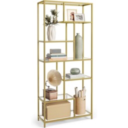Tall 6-Shelf Glass Bookcase Display Unit, Shelves with Tempered Glass, Metallic Gold