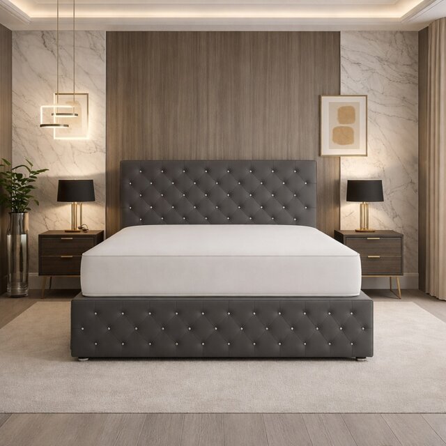 5FT Kingsize Grey Plush Velvet Divan Bed With Headboard & Footboard and Memory Sprung Mattress No Drawers